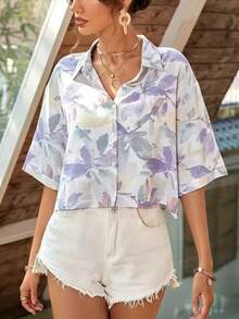 Women's Summer Beach Vacation Loose Fit Dropped Shoulder Cropped Printed Shirt - Multicolor - View 2