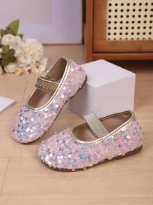 女童秋季新款平底鞋，时尚百搭亮片舞蹈表演鞋，学生鞋，公主鞋，防滑平底鞋 - 粉色 - 查看 6