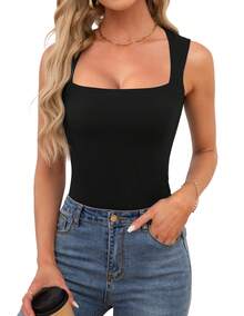 Women's Square Neck Going Out Crop Tops Double Lined Cute Basic Tank Tops 2026 Clothes, Cute Summer Solid Color Square Neck Basic Tops Slim Fit Basic Sleeveless Shirts - 黑色 - 查看 9