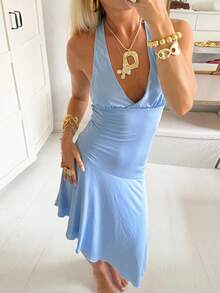 女士优雅V领纯色荷叶边不对称短款连衣裙，适合海滩度假、约会和夏季休闲场合。 - 藍色 - 查看 6