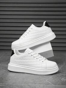 Men's Personalized Couple Style Black & White Contrast Random Embossed Design Casual Sneakers, Fashion Minimalist Lace-Up Classic Leather Comfortable Casual Walking Shoes - White and Black - View 3