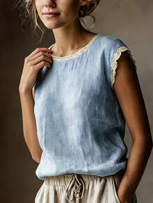 Retro-Style Linen Sleeveless Top For Women, Lace Trim, Round Neck, Loose Fit, Slimming, Breathable Linen Blend T-Shirt For Summer. - 藍色 - 查看 3