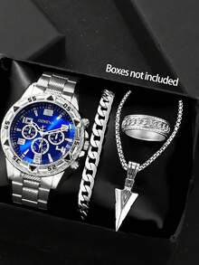 Set de 4 relojes de hombre de estilo hip hop en color plateado con acero inoxidable, adecuados para uso diario, reuniones de negocios, fiestas de cumpleaños, regalos del Día de San Valentín, regalos para novio/Día del Padre, casual y deportivo - Plateado - Ver 10