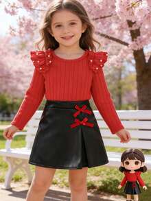 Girls' Outfit, Beaded Ruffle Trim Round Neck Long Sleeve Top + Elegant 3D Bow PU Leather Skirt Fashion Set, Suitable For Autumn Daily Wear, Birthday Party, Family Outing - Red - View 1
