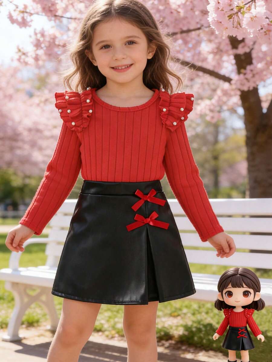 Girls' Outfit, Beaded Ruffle Trim Round Neck Long Sleeve Top + Elegant 3D Bow PU Leather Skirt Fashion Set, Suitable For Autumn Daily Wear, Birthday Party, Family Outing - Red - View 1