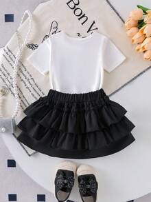 2件套女婴可爱公主风蝴蝶结印花短袖T恤休闲上衣和多层荷叶边蛋糕裙套装 - 黑色 - 查看 3