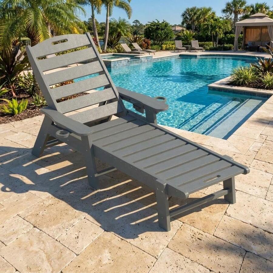 Chaise Longue de Patio Sillón de Exterior con Respaldo Ajustable 5 Posiciones Portavasos para Jardín Balcón Piscina - Gris sin ruedas - Ver 1