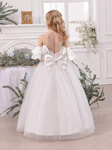 Tween Girl Bowknot Mesh Off-Shoulder Flower Girl Dress, Easter Princess Gown, Suitable For Baby Birthday Party, Prom, Special Occasions, Holidays, Flower Girl Wedding Dress - White - View 3