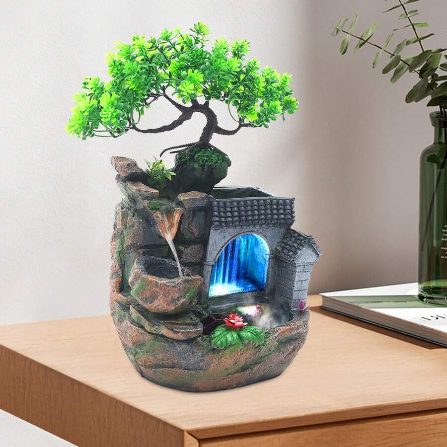 CNCEST Tabletop Waterfall Fountain, 11.81 Inch Rockery Ornament With Color-Changing LED Light, Water Fountain Humidifier Ornament For Living Rooms, Offices, Study Rooms Decoration - 美規A型插(110-127V) - 查看 1