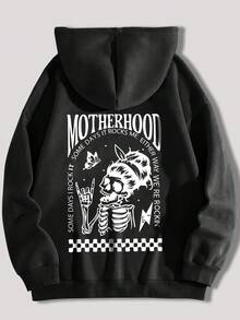 Women's Casual Hooded T-Shirt With Mother's Theme Print, Polyester Knit Fabric, Short Sleeve Round Neck Design, Suitable For Autumn And Winter, Lightweight 220g/M² - Women's Clothing - 黑色 - 查看 3