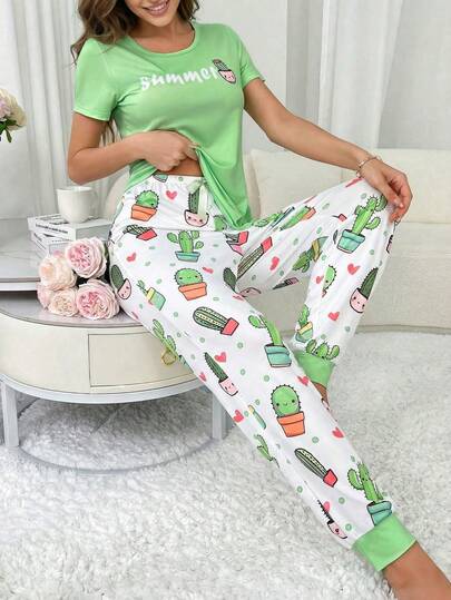 2pcs/Set Lime Green Comfortable Short Sleeve Top & Fresh All-Over Cactus Print Pants, Machine Washable