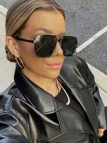 1pc Y2k Style Metallic Square Frame Fashion Glasses With Double Beam And Shades Beach Accessories Beach Accessories For Women Glasses Shades - 黑框黑色 - 查看 2