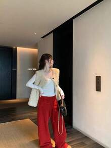 New Twist Knot V-Neck Slim Fit T-Shirt For Women, Spring/Autumn - Apricot - View 2