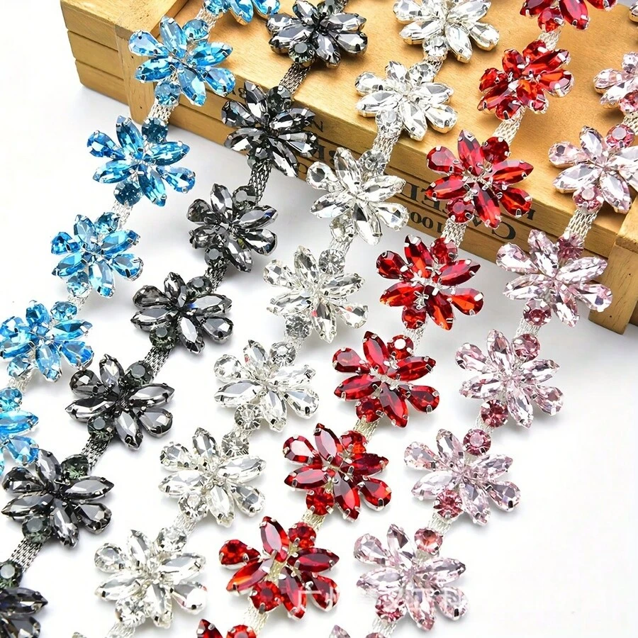 1 Yard Colorful Horse Eye Glass Rhinestone Chain Shiny Sparkling Fashion Trimming Rhinestone Lace Rhinestone Tassel Premium DIY Embellishment Accessories Perfect For Bridal Dress Evening Gown Wedding Outfit Party Costume Garment Decoration - Lake Blue - View 1