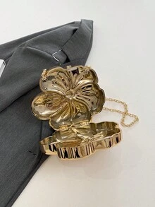 1 pieza Bolso bandolera de unicolor de moda, con decoración de flor de metal, bolso de mano adecuado para bodas, fiestas y ocasiones formales, se puede usar como accesorio, estuche para lápiz labial, monedero, bolsa para joyas, incluye correa de cadena desmontable, un regalo único para ella - Dorado - Ver 5