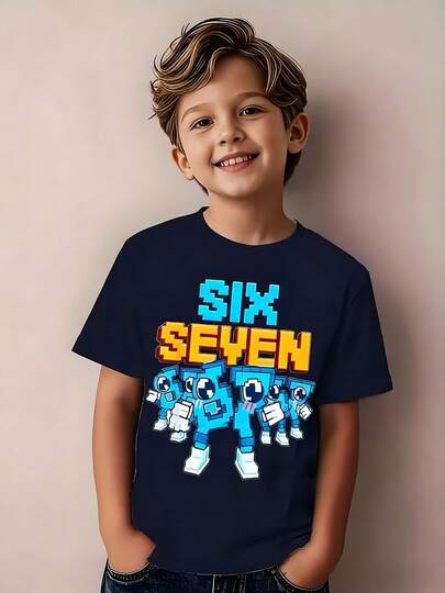 Camiseta de Juego Italiana Meme para Niños Seis Siete Diseño de Arte Pixel Vintage de 8 bits con Texto Italiano y Patrón de Número 67, Cuello Redondo Casual, Manga Corta, Lavable a Máquina, Adecuada para Juegos y Uso Casual Camiseta de manga corta con cuello redondo y estampado gráfico minimalista "67" para niños pequeños, adecuada para salidas, camiseta negra de manga corta