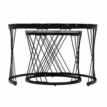 2-Piece Nesting Coffee Tables, Round Marble Pattern Top With Gold Frame, Space Saving Side Table Set For Living Room & Bedroom, White & Black - White+Black - View 11