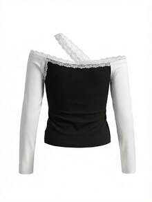 韩版性感撞色蕾丝斜肩长袖T恤，修身收腰设计，显瘦显瘦，春季款 - 黑白拼接 - 查看 10