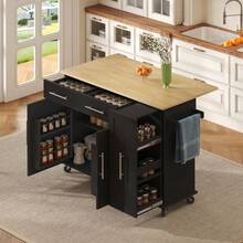 Kitchen Island With Drop-Down Front, Serving Cart With 3-Tier Pull-Out Organizer, Internal Storage Shelf, Rolling Trolley With Towel Rail And 2 Drawers For The Dining Room, White - 黑色 - 查看 12