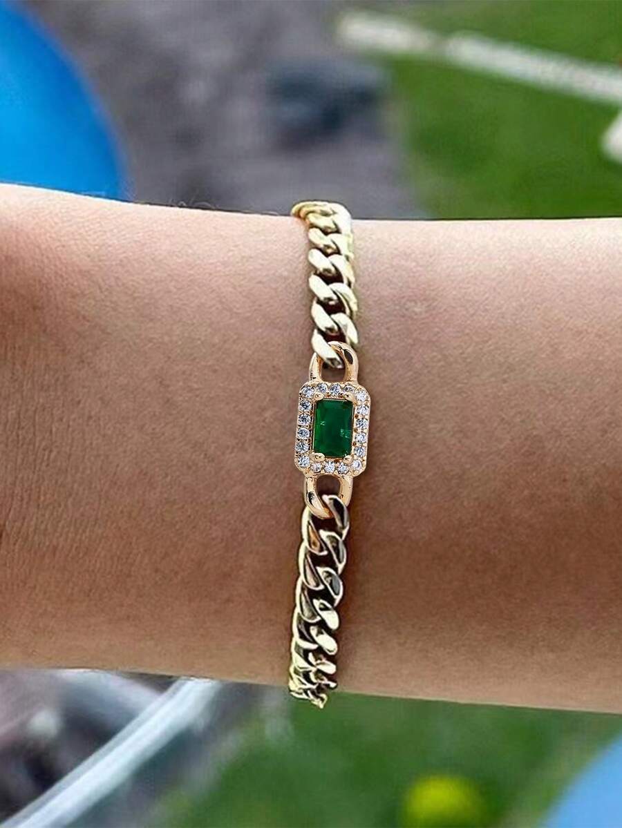 1pc Copper Alloy Elegant Green Cubic Zirconia Inlaid White Edged Rectangular Pendant Necklace Chain Bracelet For Men - Yellow Gold - View 1