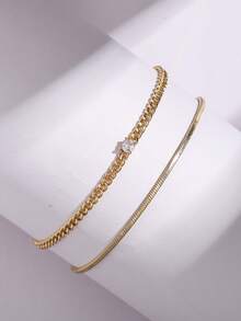 2pcs/Set Copper Blade Chain Layered Square Cubic Zirconia Bracelet Set For Men - Yellow Gold - View 7
