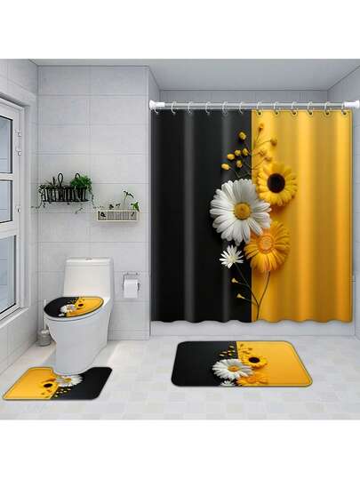 1/4 件装黄黑雏菊图案浴帘，涤纶材质，带 12 个挂钩，印花浴室装饰，浴室地毯，U 型垫，马桶座套，浴室配件
