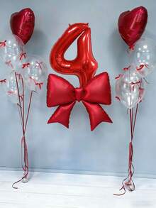 12pcs Birthday Decoration Set, Large Red Bow Foil Balloons, 40-Inch Red 0-9 Birthday Number Balloons, 18-Inch Red Heart Balloons, Clear Latex Balloons (With Balloon Ribbons), Suitable For Birthday Party, Anniversary Decoration - Multicolor - View 4