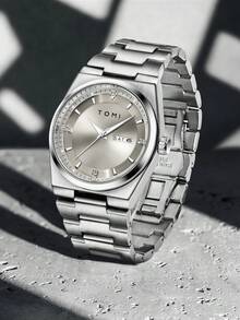 TOMI 男士腕表，配有表冠胸针、戒指、拆卸工具，简约设计，圆形表盘镶嵌钻石，锌合金表带，石英机芯，礼盒包装，适合日常生活、商务场合、父亲节、情人节、圣诞节等场合佩戴。 - 銀色 - 查看 2