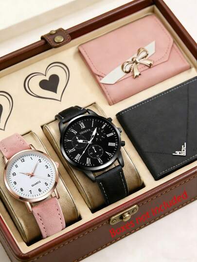 4 piezas Relojes de cuarzo minimalistas y casuales para parejas, set de pareja con accesorios dorados (incluye reloj de cuarzo de mujer con correa de cuero rosa y marco dorado rosa, reloj de cuarzo de hombre con correa de cuero negro y esfera con números romanos, billetera decorada con lazo rosa, billetera de cuero negro)