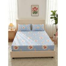1pc Cartoon-Patterned Bed Fitted Sheet, Mattress Protector, Bed Sheet, Soft Breathable Cloud-Light, Fresh Elegant Style, With Blue-White Background And Smoky Red Cherry Patterns, Single/Double/Queen Bed Compatible, Deep Pockets (Max 9.8 Inches), Home And Dorm Use, Household Textile, Home Decoration, Valentine's Day Mattress Cover - Multicolor - View 6