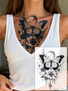 1-2周防水临时纹身贴纸，性感玫瑰、牡丹、兰花、蝴蝶、时钟多图案可选，天然植物成分，适用于手臂、大腿、胸部、背部、肩膀、锁骨等部位，适合DIY嘉年华、情人节、派对等场合。 - 藍色 - 查看 14