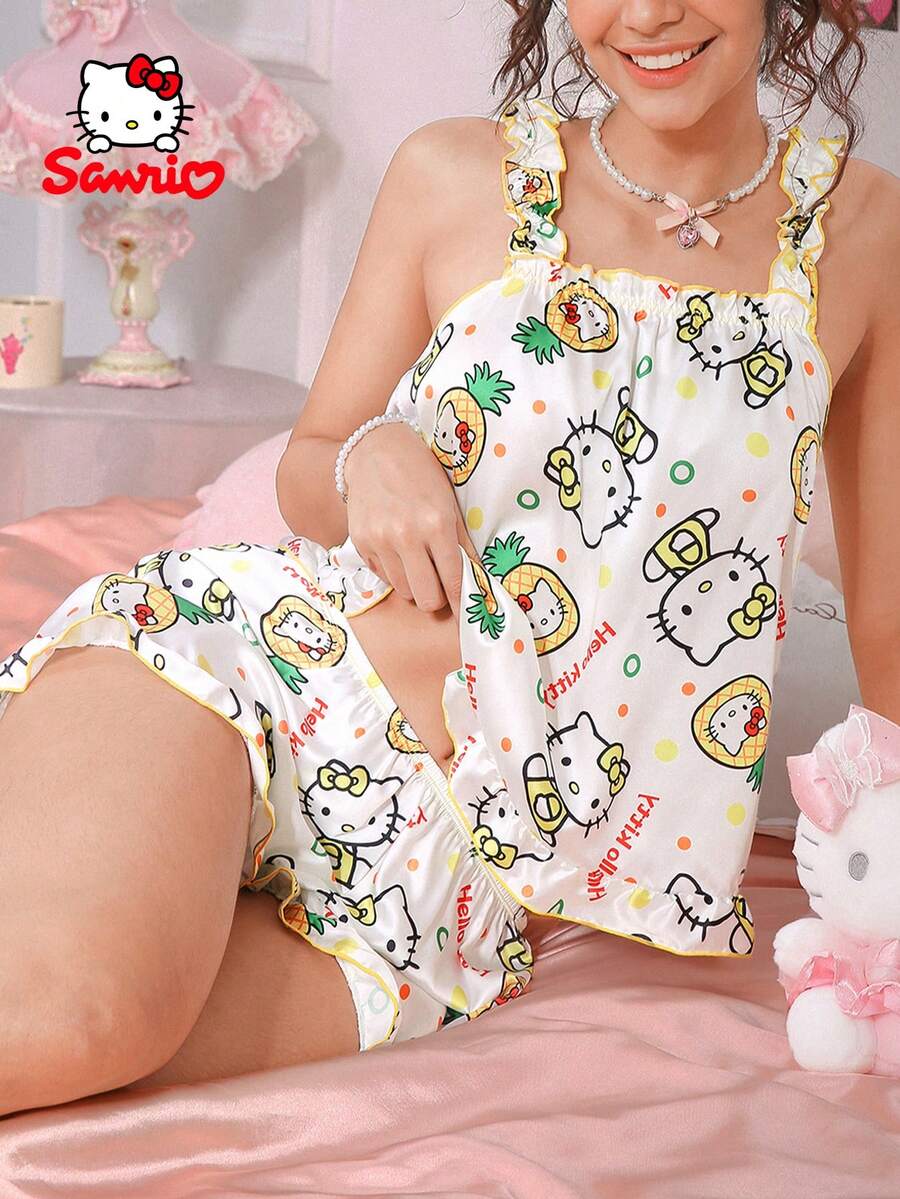 SANRIO 三丽鸥女士两件套Hello Kitty睡衣，黄白相间，字母菠萝印花，波点图案，荷叶边短款睡衣，可爱睡衣套装，家居服套装 - 彩色 - 查看 1