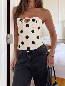 Women's Vintage Polka Dot Strapless Corset Top Tie Front Keyhole Fitted Bandeau Bustier For Going Out - 飯白色 - 查看 5