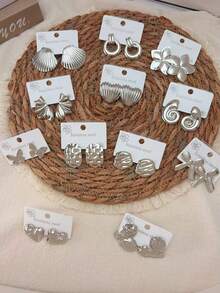2/6/9 Silver Stainless Steel Fashion Women's Earring Set - Floral, Heart, Shell, Multi-Element Design Style Perfect For Everyday Wear, Holiday Gifts, Or As The Best Valentine's Day Present For Women. - Silver - View 7