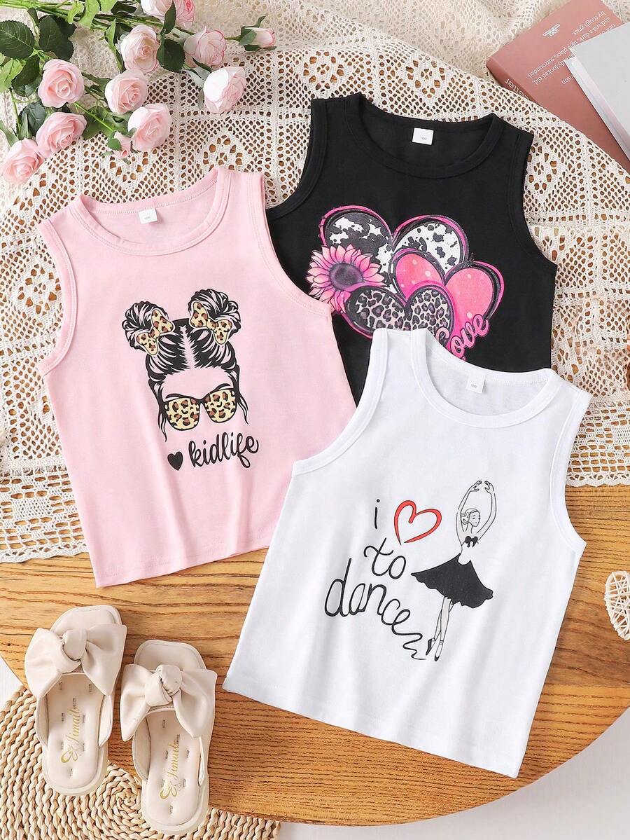 3pcs Valentine's Day Girls Sleeveless Tank Top With Heart & Girl Pattern, Round Neck, Young Girl Summer Clothing Set - Multicolor - View 1