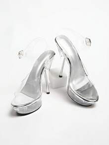 Plus Size Crystal Stiletto Transparent Lace-Up Non-Slip Peep Toe Waterproof Platform Super High Heel Sandals For Runway, Car Model, Cosplay - Silver - View 6