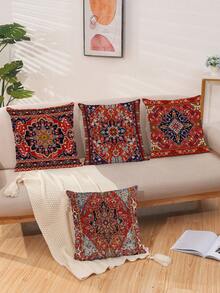 4pcs Vintage Bohemian Style Cushion Covers, Rug Pattern Printed Pillowcases, Home Decor For Living Room, Bedroom And Car, 18x18in, Pillow Insert Not Included - red and black - View 4