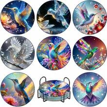 8Pcs Magical Hummingbird 5D DIY Diamond Painting Coasters Set With Holder, Sparkling Rhinestone Art Craft Cup Mats For Home Decor & Nature Lover Gifts - Multicolor - View 1
