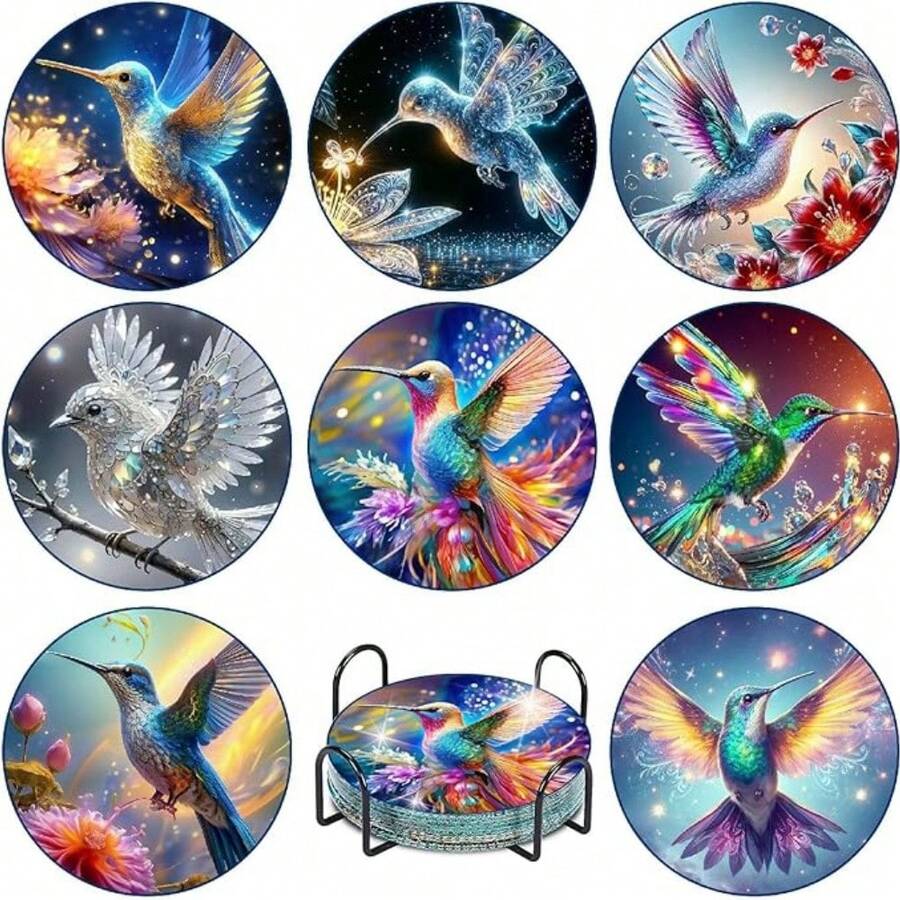 8Pcs Magical Hummingbird 5D DIY Diamond Painting Coasters Set With Holder, Sparkling Rhinestone Art Craft Cup Mats For Home Decor & Nature Lover Gifts - Multicolor - View 1