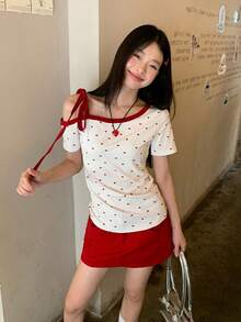 Sweet & Hot Girl Heart Print Asymmetric-Shoulder Short Sleeve T-Shirt, Tie-Up Design, Slim Fit, Summer - White - View 1