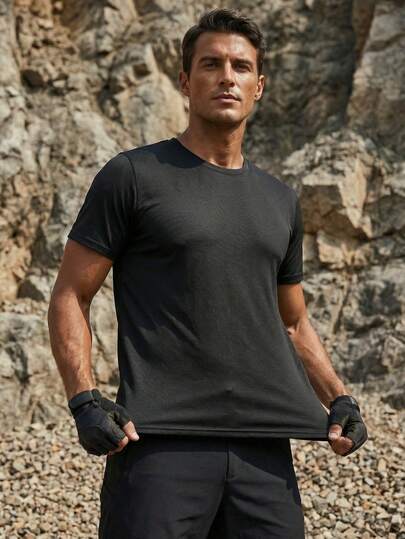 男士户外速干弹力T恤，休闲运动健身纯色短袖上衣，跑步