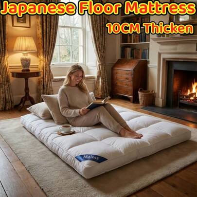 Japanese Floor Mattress Futon Mattress | Thicken Tatami Mat Sleeping Pad, Foldable Roll Up, Dormitory Mattress Pad, Floor Lounger Pillow Bed, Polyester Cover, Plush Feel, White (Single/Double/King/Super King)