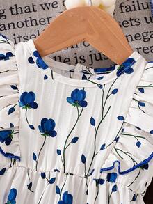 2pcs Baby Girl Floral Print Sleeveless Bodysuit & Hat Set, White & Blue, Spring/Summer - Beige - View 5