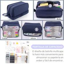 Estuche para Lapices de Gran Capacidad Lapiceras Escolares Juveniles con 4 Compartimientos Estuches Escolares de Lona Organizador de Papelería para Escolar Oficina Trabajo Rosa - Azul Marino - Ver 3