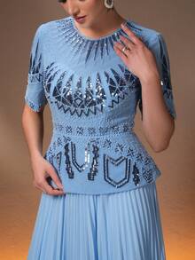 Elegant 2 In 1 Dress, Embellished With Pearls, Sequins And Embroidery, Suitable For Banquet, Party, Holiday And Other Occasions - Sky Blue - View 3