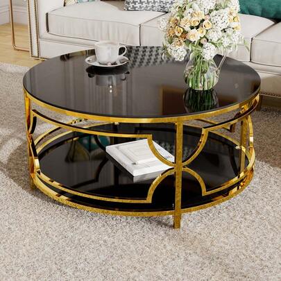 MERAX Round Tempered Glass Coffee Table In 30.7",Luxurious Geometric Metal Frame,Gold Finish & Lower Shelf, Black