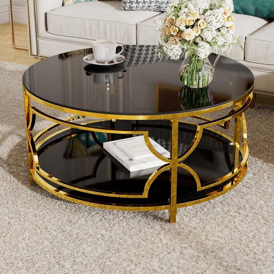 MERAX Round Tempered Glass Coffee Table In 30.7",Luxurious Geometric Metal Frame,Gold Finish & Lower Shelf, Black - Black - View 1