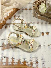1 Pair Girls' T-Strap Flat Sandals With Floral Pattern Decor And Elastic Back Strap - Beige - View 3