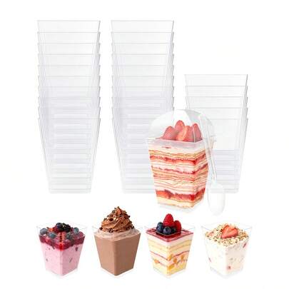 75pcs/150pcs Party Cup Set, Mousse Cups With Lids And Spoons, 5oz Clear Dessert Cups, Square Appetizer Cups, Trapezoid Pudding Cups, Sturdy Reusable, Suitable For Desserts, Ice Cream, Pudding, Great For Home Parties