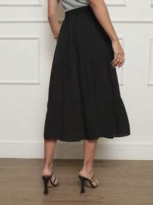 Three-Tiered Midi Skirt In Viscose Linen With Lining, Loose Fit, Spring/Summer. - màu đen - Xem 4